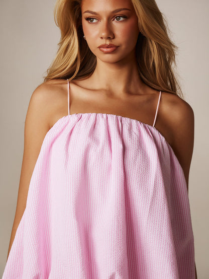 MISSGUIDED Stripe Balloon Cami Top With Spaghetti Straps Gathered Neckline Bubble Hem Summer Vacation Top