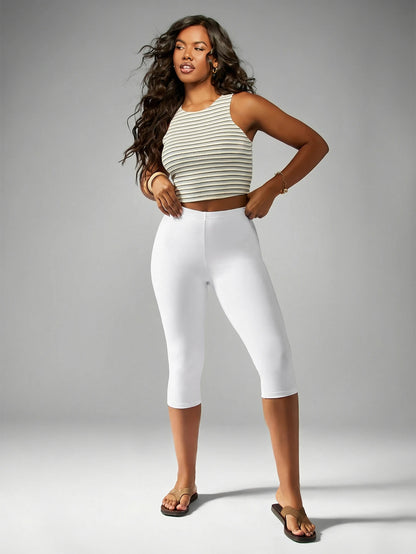 MISSGUIDED Women's White High Waist Capri Leggings Mid Calf Length Stretchy Cropped Pants Casual Summer Everyday Basic Bottoms