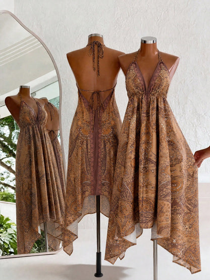 Mistrie Women's Brown Boho Summer Holiday Vacation Holiday, Vintage Paisley Print Halter V-Neck Cinched Waist Asymmetric Hem Chiffon Loose Beach Dress