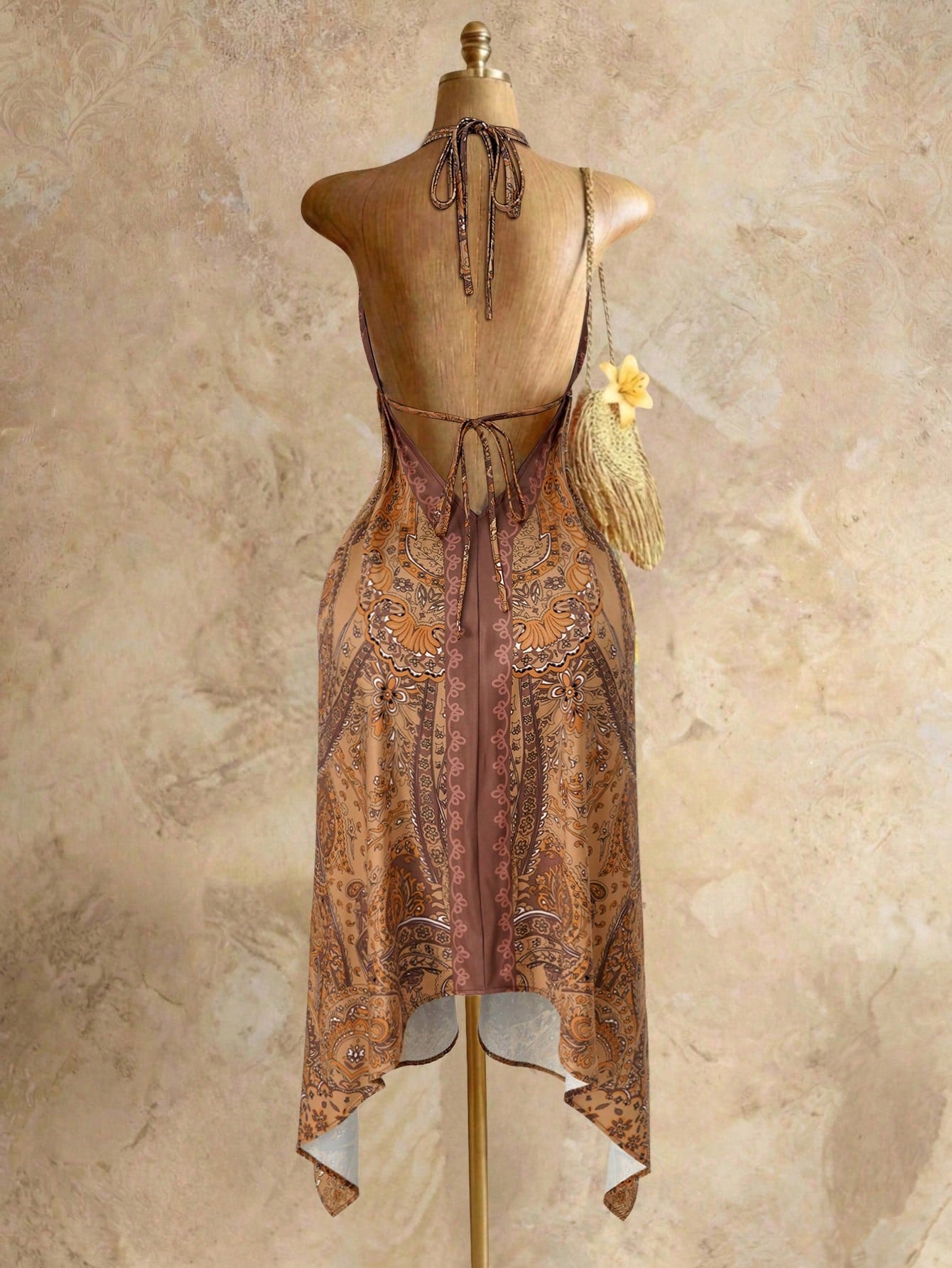 Mistrie Women's Brown Boho Summer Holiday Vacation Holiday, Vintage Paisley Print Halter V-Neck Cinched Waist Asymmetric Hem Chiffon Loose Beach Dress