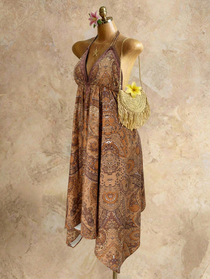 Mistrie Women's Brown Boho Summer Holiday Vacation Holiday, Vintage Paisley Print Halter V-Neck Cinched Waist Asymmetric Hem Chiffon Loose Beach Dress