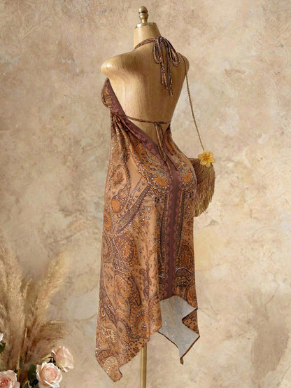 Mistrie Women's Brown Boho Summer Holiday Vacation Holiday, Vintage Paisley Print Halter V-Neck Cinched Waist Asymmetric Hem Chiffon Loose Beach Dress