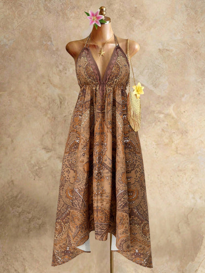 Mistrie Women's Brown Boho Summer Holiday Vacation Holiday, Vintage Paisley Print Halter V-Neck Cinched Waist Asymmetric Hem Chiffon Loose Beach Dress