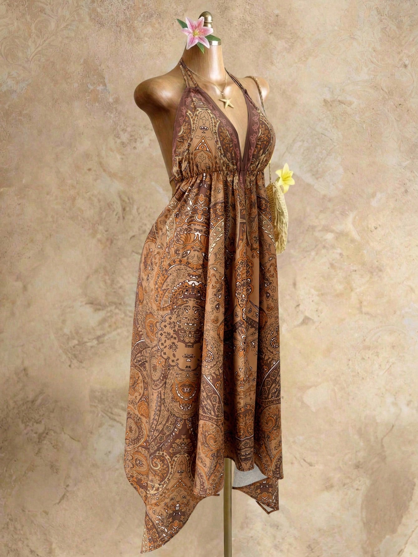 Mistrie Women's Brown Boho Summer Holiday Vacation Holiday, Vintage Paisley Print Halter V-Neck Cinched Waist Asymmetric Hem Chiffon Loose Beach Dress