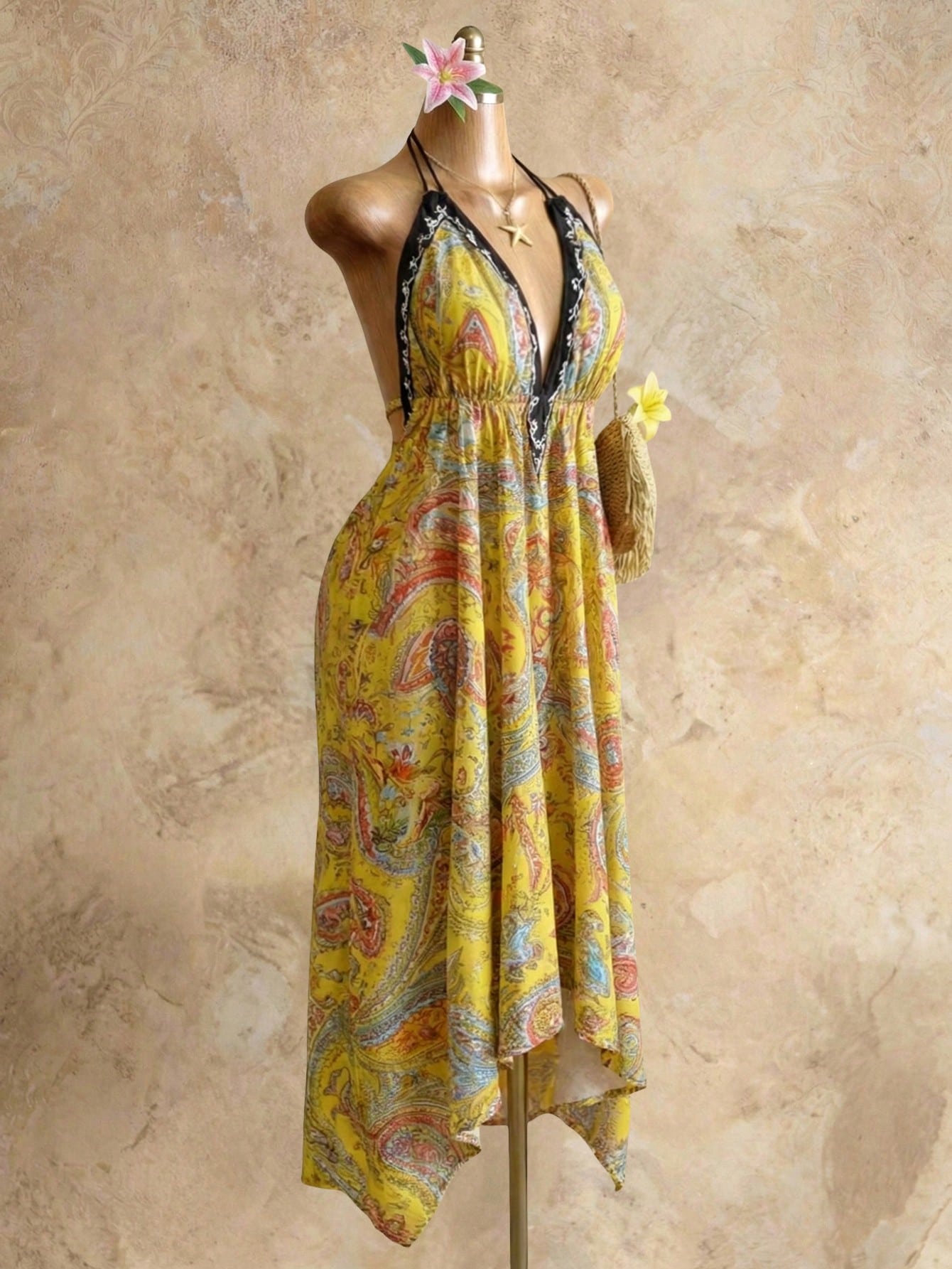 Mistrie Women's Brown Boho Summer Holiday Vacation Holiday, Vintage Paisley Print Halter V-Neck Cinched Waist Asymmetric Hem Chiffon Loose Beach Dress
