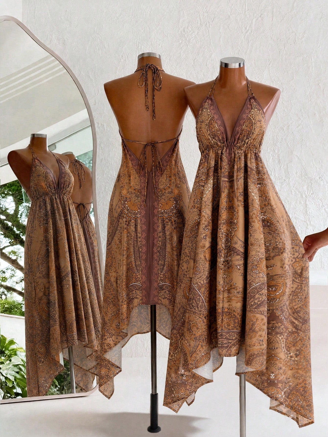 Mistrie Women's Brown Boho Summer Holiday Vacation Holiday, Vintage Paisley Print Halter V-Neck Cinched Waist Asymmetric Hem Chiffon Loose Beach Dress