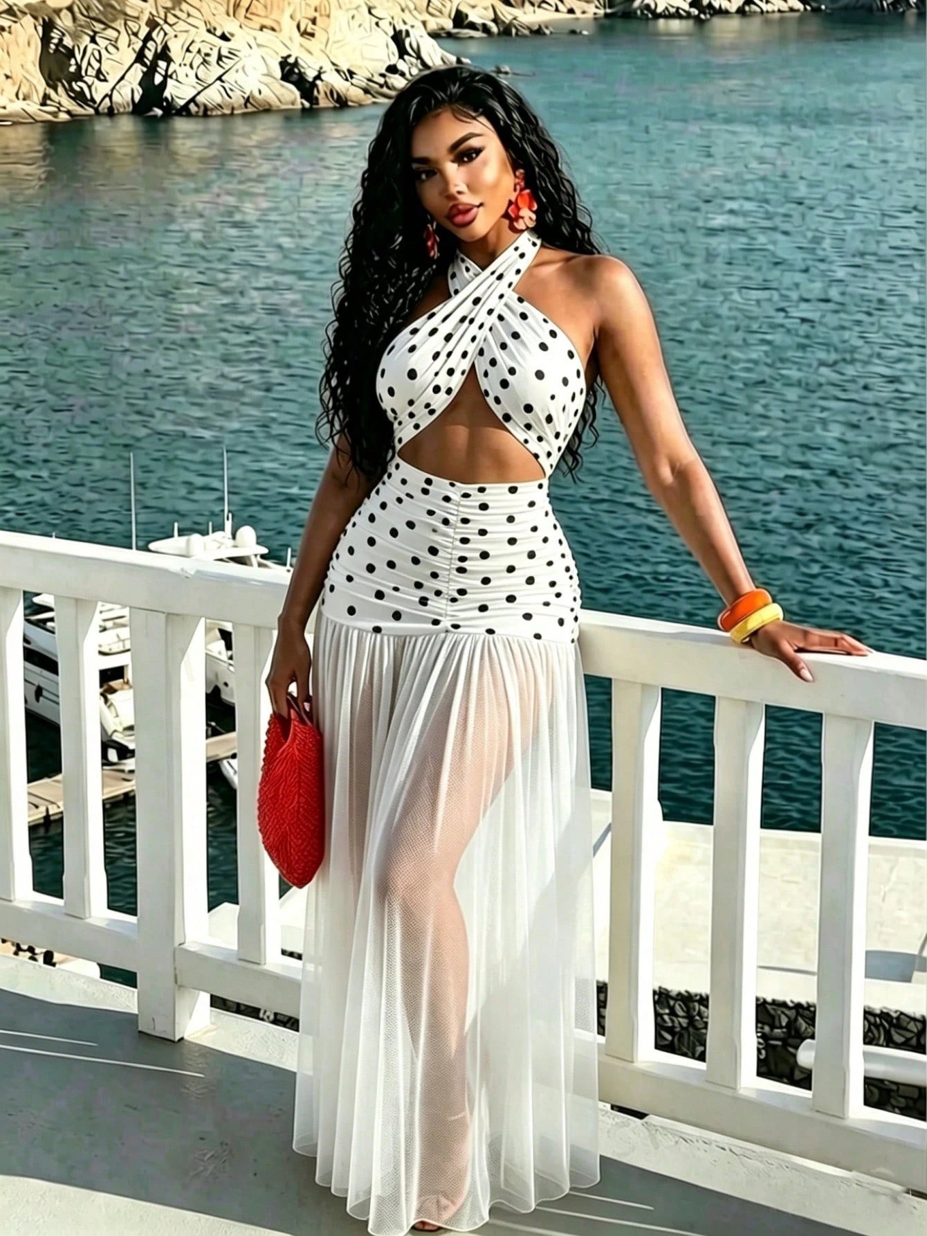 Mistrie Women's Ultra Long Floor Length Halter Neck Mesh Ruched Backless Dress Beach White With Black Polka Dots Summer Sexy
