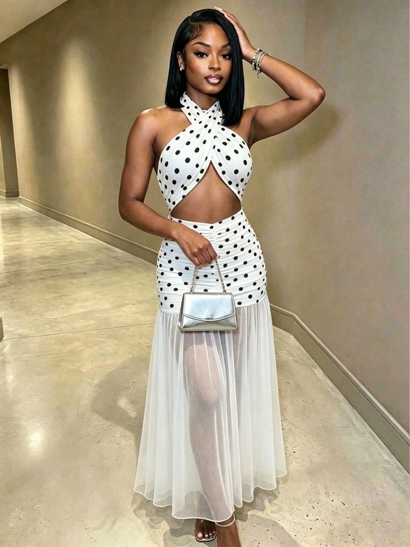 Mistrie Women's Ultra Long Floor Length Halter Neck Mesh Ruched Backless Dress Beach White With Black Polka Dots Summer Sexy