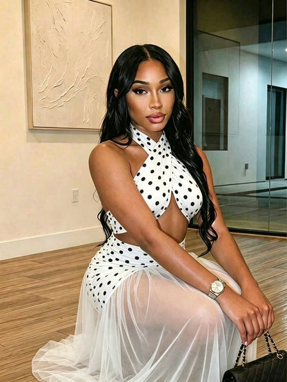Mistrie Women's Ultra Long Floor Length Halter Neck Mesh Ruched Backless Dress Beach White With Black Polka Dots Summer Sexy