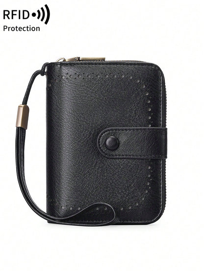 MIYIN RFID Blocking Short Wallet- Large Capacity Vintage Coin With Zipper And Wristband- Multi-Card Slot Credit Card Bag For Men And Woman Multifunction Zipper Wallet Card Holder Hollow Out Vintage
