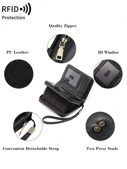MIYIN RFID Blocking Short Wallet- Large Capacity Vintage Coin With Zipper And Wristband- Multi-Card Slot Credit Card Bag For Men And Woman Multifunction Zipper Wallet Card Holder Hollow Out Vintage