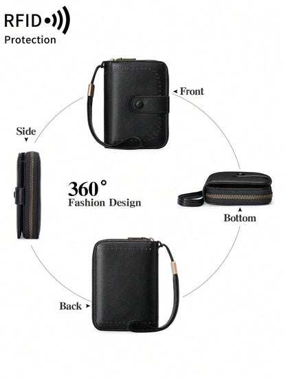 MIYIN RFID Blocking Short Wallet- Large Capacity Vintage Coin With Zipper And Wristband- Multi-Card Slot Credit Card Bag For Men And Woman Multifunction Zipper Wallet Card Holder Hollow Out Vintage