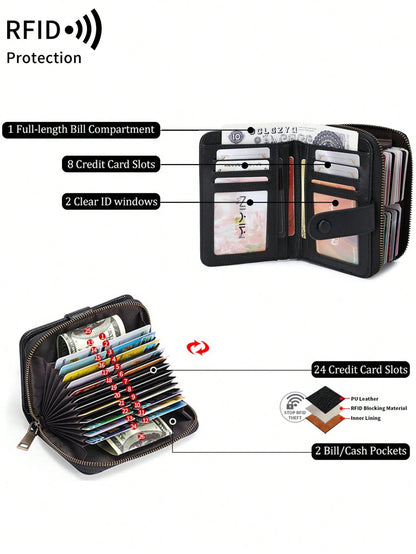 MIYIN RFID Blocking Short Wallet- Large Capacity Vintage Coin With Zipper And Wristband- Multi-Card Slot Credit Card Bag For Men And Woman Multifunction Zipper Wallet Card Holder Hollow Out Vintage