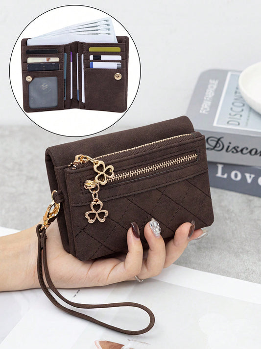 MIYIN Women's Vintage Design Snap Button Short Wallet Minimalist Style Zipper Short Leather Purse With Wrist Strap,Id Card Holder