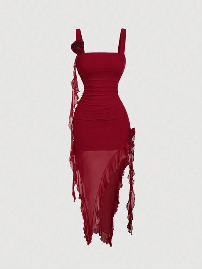 MOD Burgundy 3D Floral Print Women's Dress, Outfit, Valentine's Day New Years Women,Red Dresses For Women,Christmas