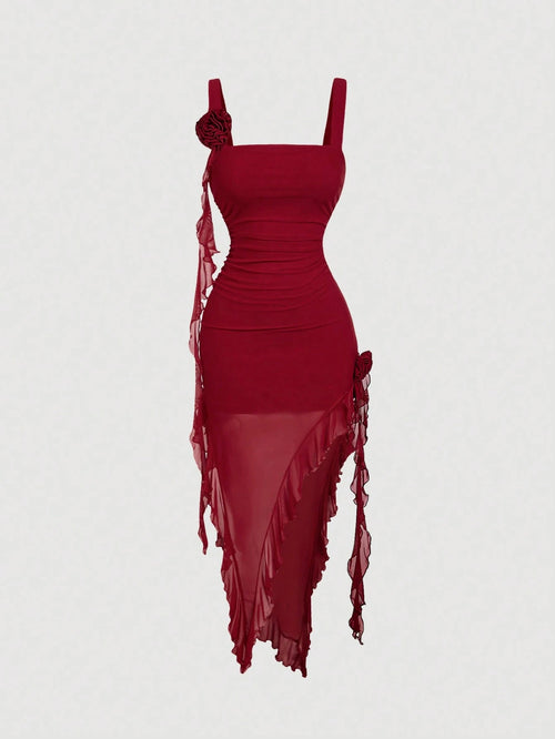MOD Burgundy 3D Floral Print Women's Dress, Outfit, Valentine's Day New Years Women,Red Dresses For Women,Christmas