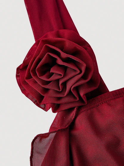 MOD Burgundy 3D Floral Print Women's Dress, Outfit, Valentine's Day New Years Women,Red Dresses For Women,Christmas