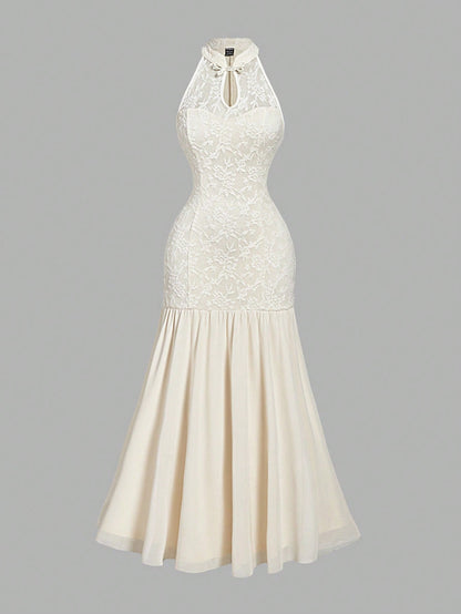 MOD New Chinese Style Mandarin Collar Elegant Fish Tail Dress,Cream White,Summer,Tropical,Cocktail,Kentucky Derby Graduation Rave Hawaii Easter Outfits