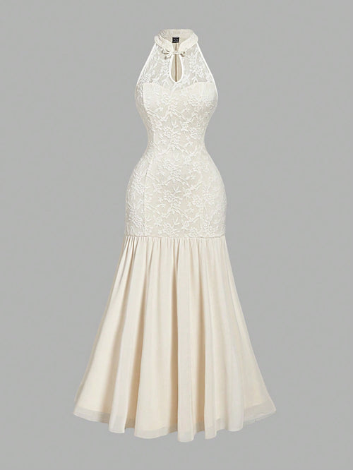 MOD New Chinese Style Mandarin Collar Elegant Fish Tail Dress,Cream White,Summer,Tropical,Cocktail,Kentucky Derby Graduation Rave Hawaii Easter Outfits