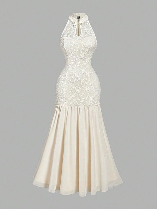 MOD New Chinese Style Mandarin Collar Elegant Fish Tail Dress,Cream White,Summer,Tropical,Cocktail,Kentucky Derby Graduation Rave Hawaii Easter Outfits