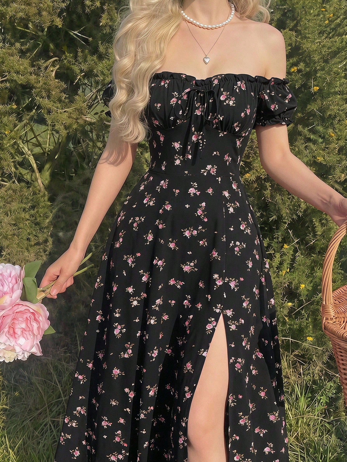 MOD Off-Shoulder Puff Sleeve Ruched Bust Slit Ditsy Floral Dress Picnic Vacation Black Floral Summer Cottagecore Romantic