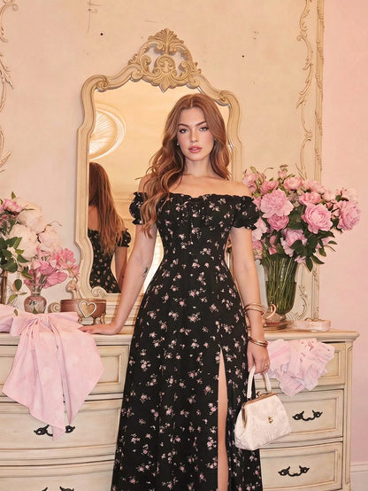MOD Off-Shoulder Puff Sleeve Ruched Bust Slit Ditsy Floral Dress Picnic Vacation Black Floral Summer Cottagecore Romantic