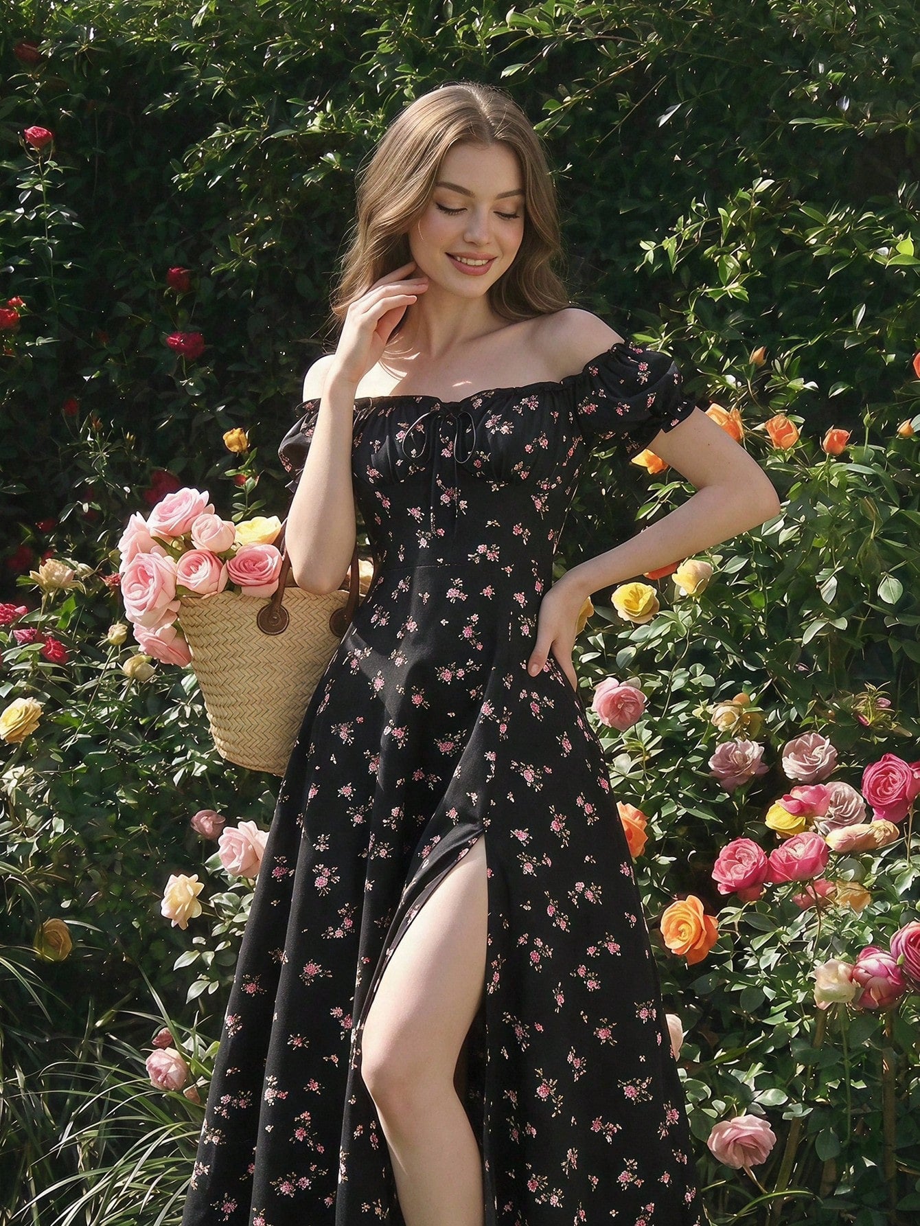 MOD Off-Shoulder Puff Sleeve Ruched Bust Slit Ditsy Floral Dress Picnic Vacation Black Floral Summer Cottagecore Romantic