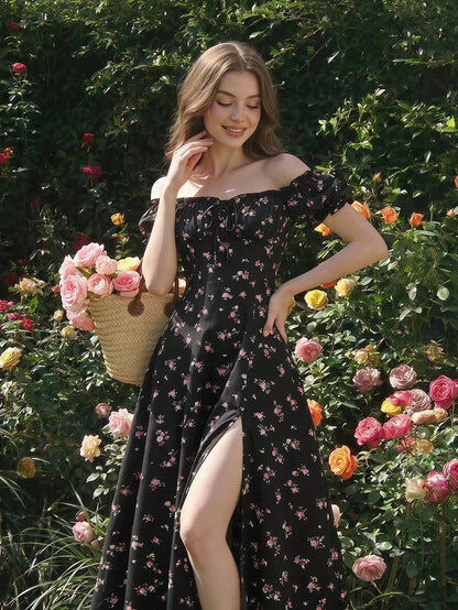 MOD Off-Shoulder Puff Sleeve Ruched Bust Slit Ditsy Floral Dress Picnic Vacation Black Floral Summer Cottagecore Romantic