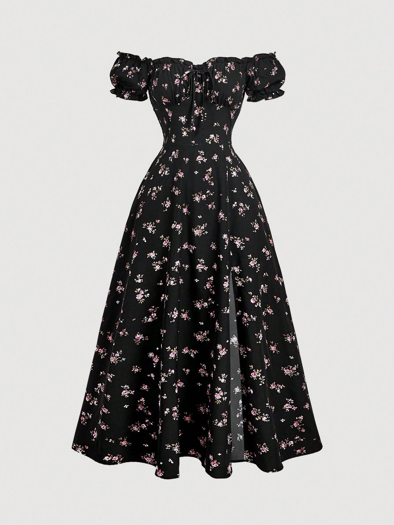 MOD Off-Shoulder Puff Sleeve Ruched Bust Slit Ditsy Floral Dress Picnic Vacation Black Floral Summer Cottagecore Romantic