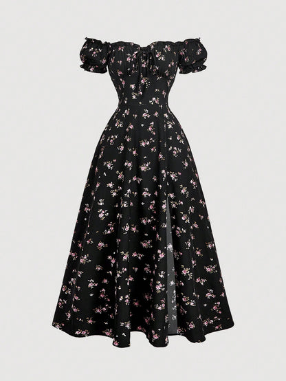 MOD Off-Shoulder Puff Sleeve Ruched Bust Slit Ditsy Floral Dress Picnic Vacation Black Floral Summer Cottagecore Romantic