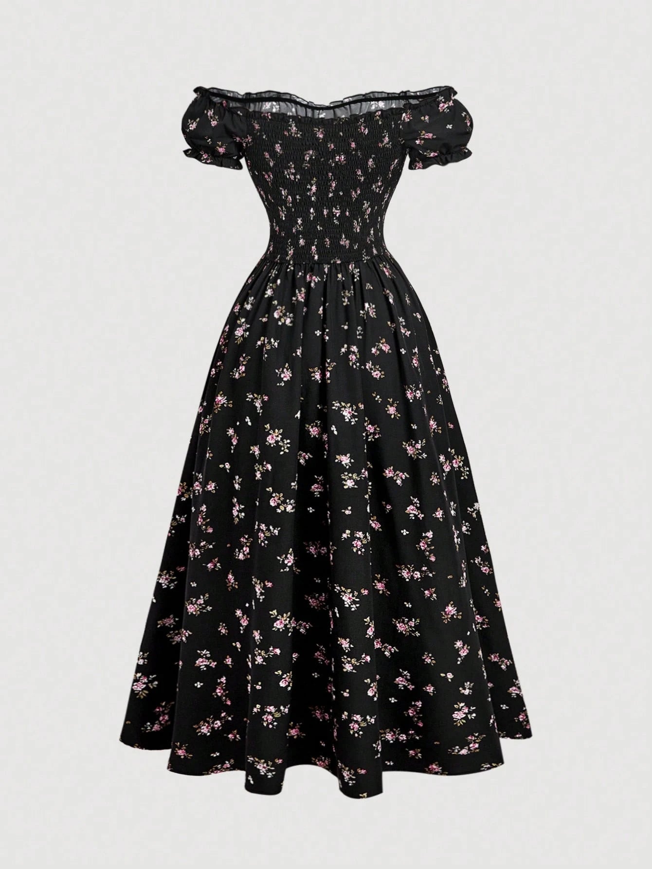 MOD Off-Shoulder Puff Sleeve Ruched Bust Slit Ditsy Floral Dress Picnic Vacation Black Floral Summer Cottagecore Romantic