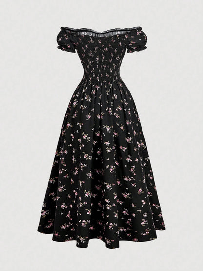 MOD Off-Shoulder Puff Sleeve Ruched Bust Slit Ditsy Floral Dress Picnic Vacation Black Floral Summer Cottagecore Romantic