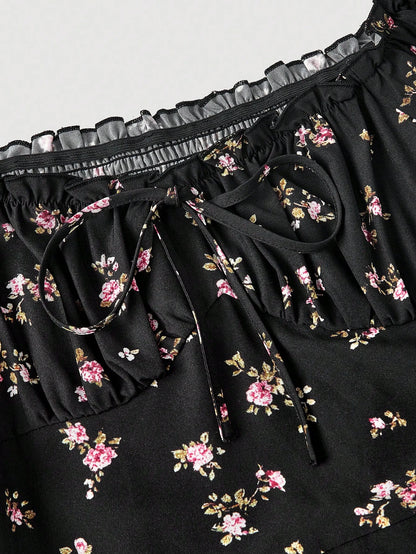 MOD Off-Shoulder Puff Sleeve Ruched Bust Slit Ditsy Floral Dress Picnic Vacation Black Floral Summer Cottagecore Romantic