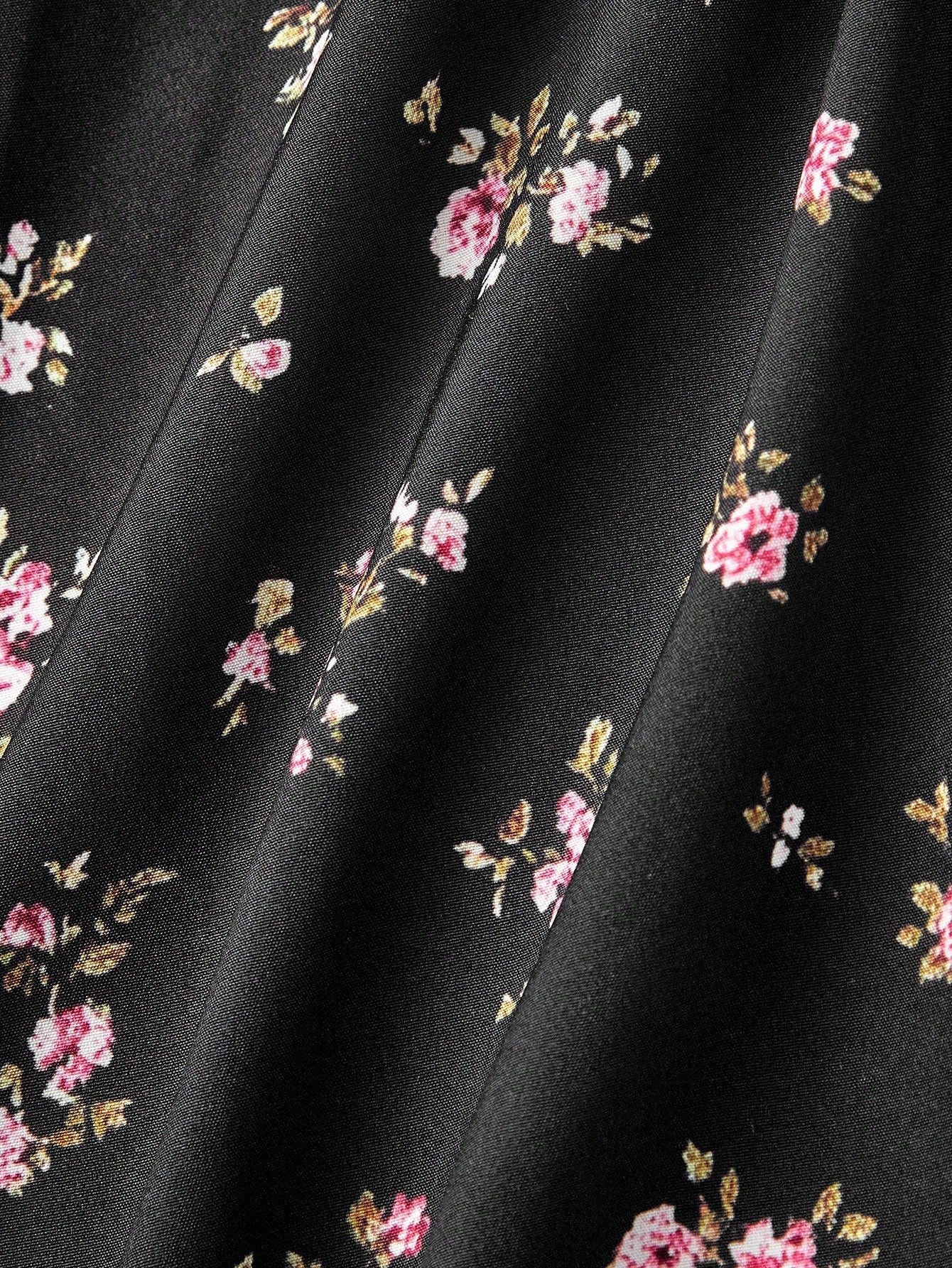 MOD Off-Shoulder Puff Sleeve Ruched Bust Slit Ditsy Floral Dress Picnic Vacation Black Floral Summer Cottagecore Romantic