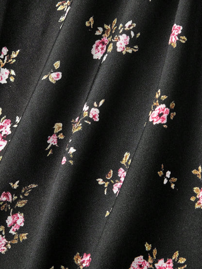 MOD Off-Shoulder Puff Sleeve Ruched Bust Slit Ditsy Floral Dress Picnic Vacation Black Floral Summer Cottagecore Romantic