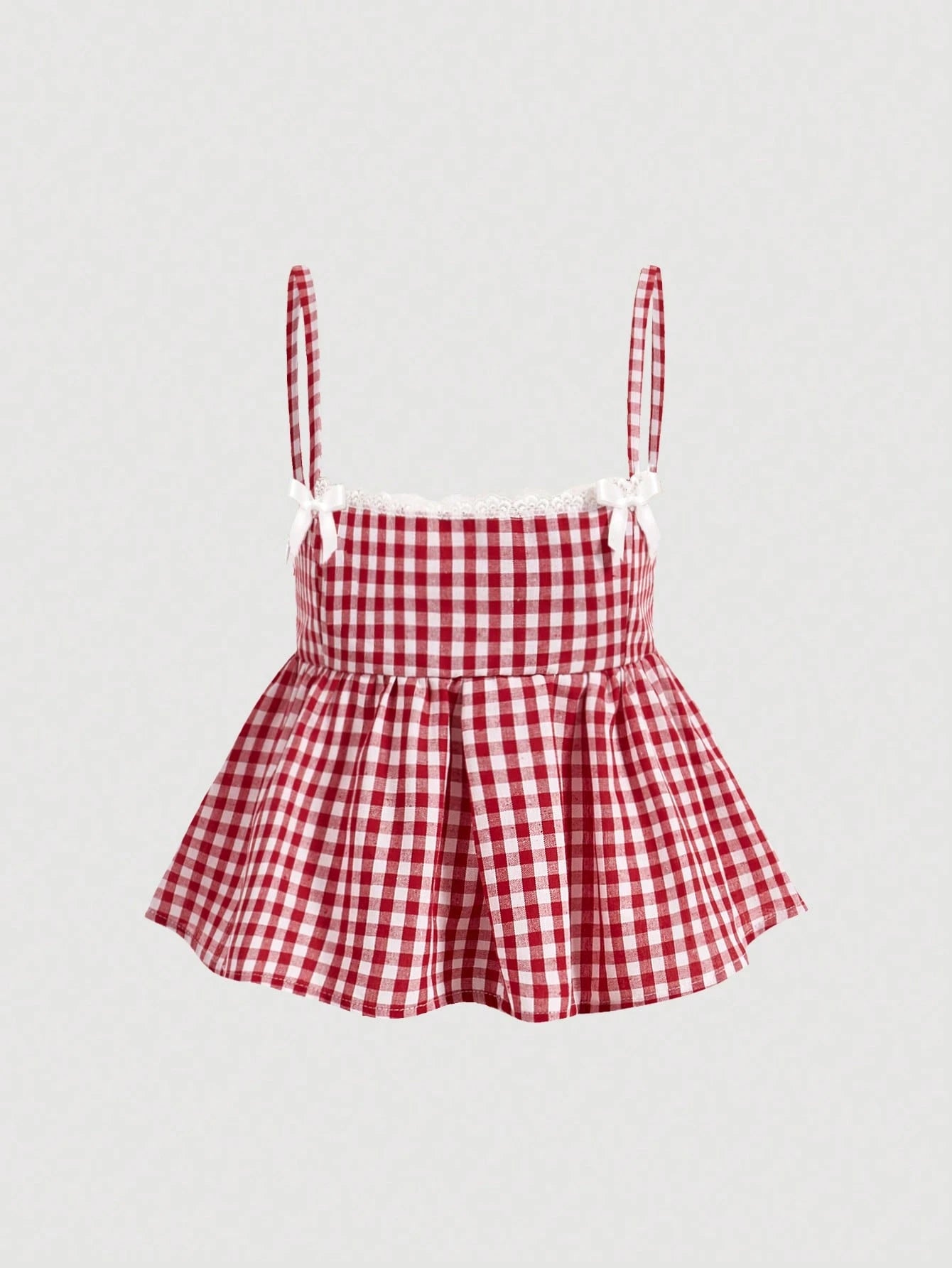 MOD Plus Size Cute Red And White Gingham Checkered Camisole Top,Lace Trim Bowknot Babydoll A-Line Summer Top For Picnic,Cottagecore Country Style Vacation