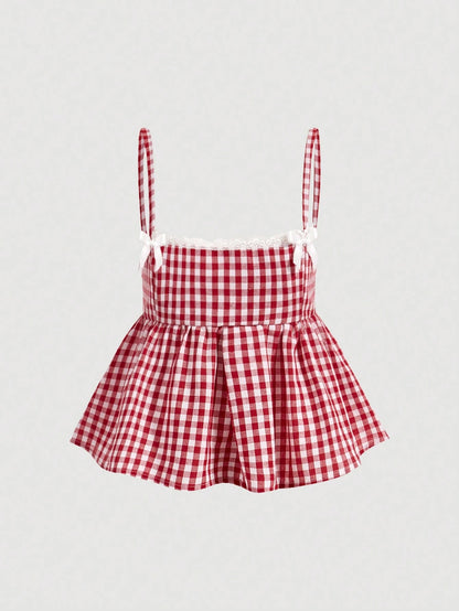 MOD Plus Size Cute Red And White Gingham Checkered Camisole Top,Lace Trim Bowknot Babydoll A-Line Summer Top For Picnic,Cottagecore Country Style Vacation