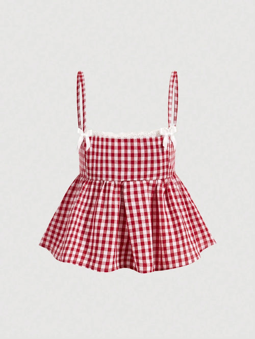 MOD Plus Size Cute Red And White Gingham Checkered Camisole Top,Lace Trim Bowknot Babydoll A-Line Summer Top For Picnic,Cottagecore Country Style Vacation
