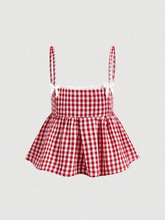 MOD Plus Size Cute Red And White Gingham Checkered Camisole Top,Lace Trim Bowknot Babydoll A-Line Summer Top For Picnic,Cottagecore Country Style Vacation
