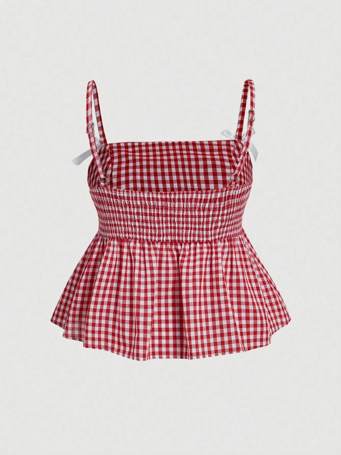 MOD Plus Size Cute Red And White Gingham Checkered Camisole Top,Lace Trim Bowknot Babydoll A-Line Summer Top For Picnic,Cottagecore Country Style Vacation