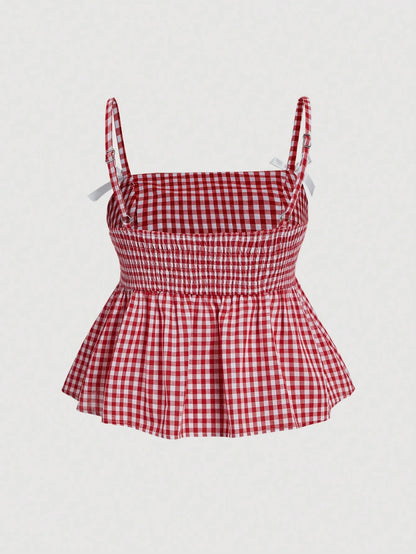 MOD Plus Size Cute Red And White Gingham Checkered Camisole Top,Lace Trim Bowknot Babydoll A-Line Summer Top For Picnic,Cottagecore Country Style Vacation