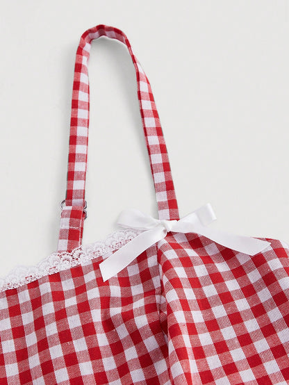 MOD Plus Size Cute Red And White Gingham Checkered Camisole Top,Lace Trim Bowknot Babydoll A-Line Summer Top For Picnic,Cottagecore Country Style Vacation