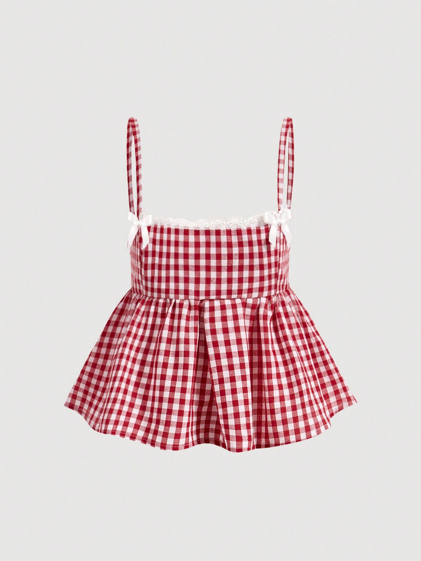 MOD Plus Size Cute Red And White Gingham Checkered Camisole Top,Lace Trim Bowknot Babydoll A-Line Summer Top For Picnic,Cottagecore Country Style Vacation