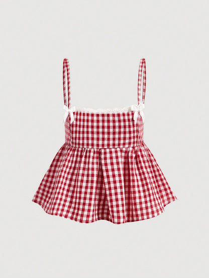 MOD Plus Size Cute Red And White Gingham Checkered Camisole Top,Lace Trim Bowknot Babydoll A-Line Summer Top For Picnic,Cottagecore Country Style Vacation