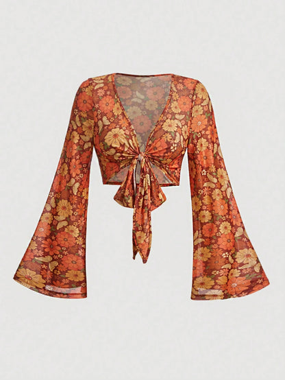 MOD Plus Size Women's Floral Print Bell Sleeve Top,Orange Boho Summer Mesh Crop Top With Flared Sleeves And Front Tie Detail For Vacation,Holiday Outfits