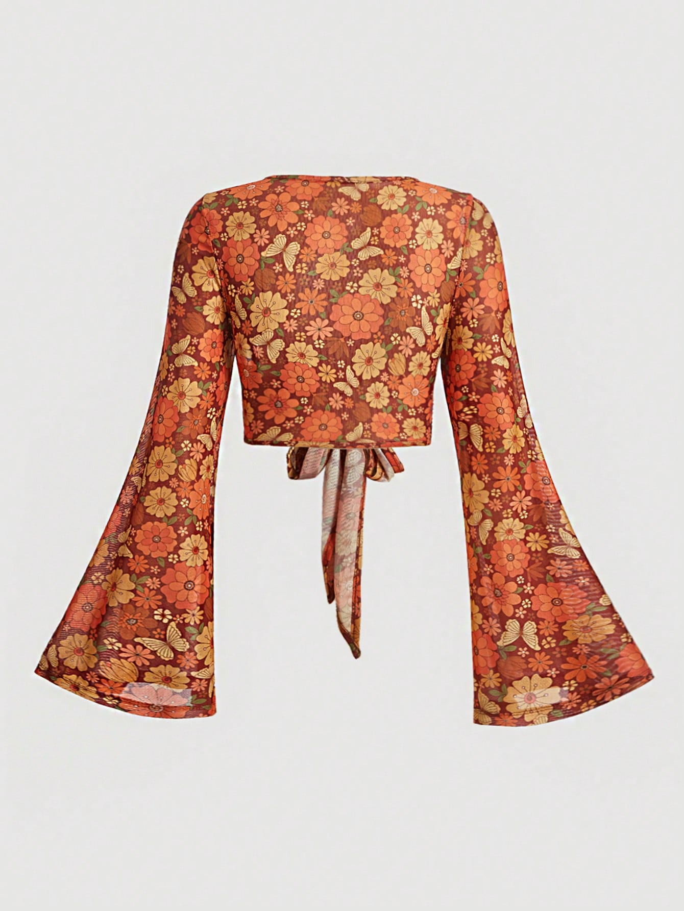 MOD Plus Size Women's Floral Print Bell Sleeve Top,Orange Boho Summer Mesh Crop Top With Flared Sleeves And Front Tie Detail For Vacation,Holiday Outfits