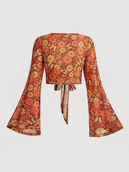 MOD Plus Size Women's Floral Print Bell Sleeve Top,Orange Boho Summer Mesh Crop Top With Flared Sleeves And Front Tie Detail For Vacation,Holiday Outfits