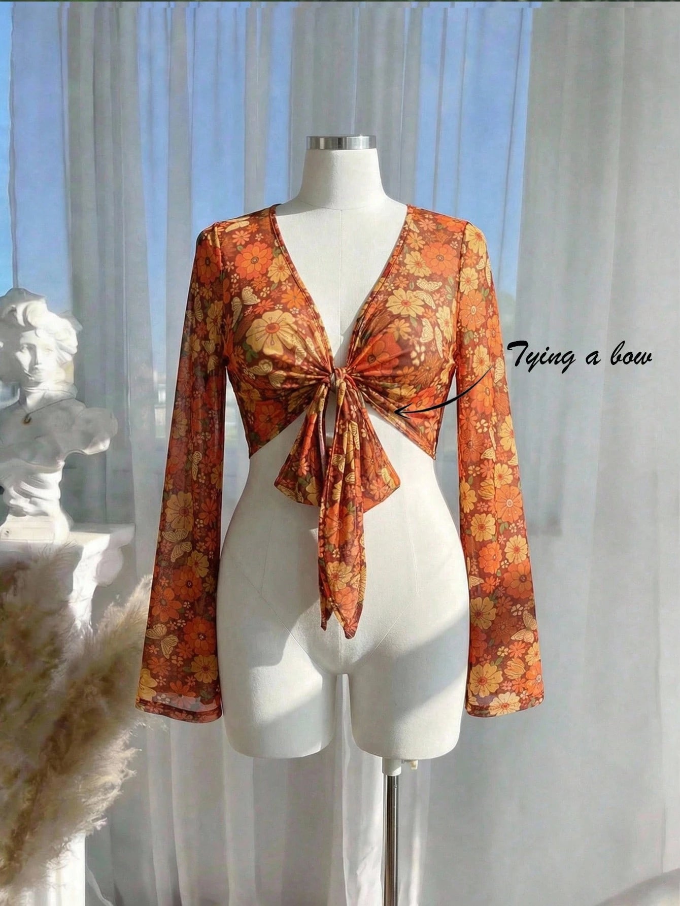 MOD Plus Size Women's Floral Print Bell Sleeve Top,Orange Boho Summer Mesh Crop Top With Flared Sleeves And Front Tie Detail For Vacation,Holiday Outfits