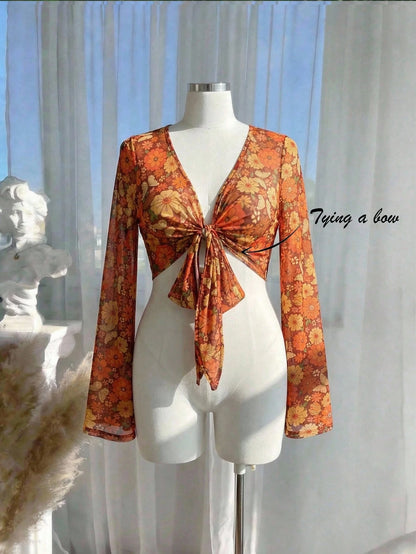 MOD Plus Size Women's Floral Print Bell Sleeve Top,Orange Boho Summer Mesh Crop Top With Flared Sleeves And Front Tie Detail For Vacation,Holiday Outfits