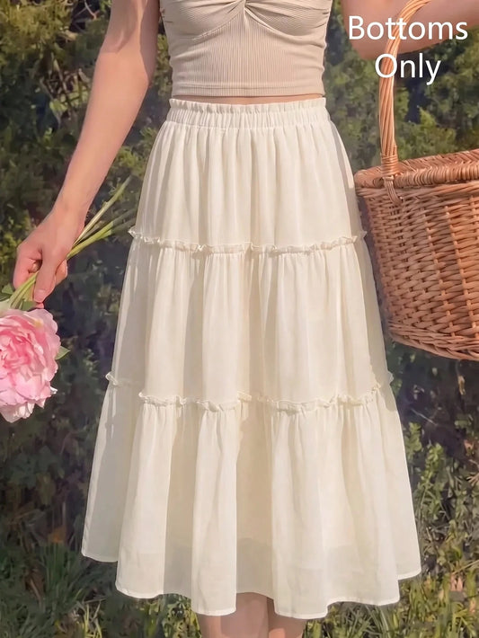 MOD Ruffle Skirt Boho Long Skirt Break Paperbag Waist Frill Trim Ruffle Hem Skirt